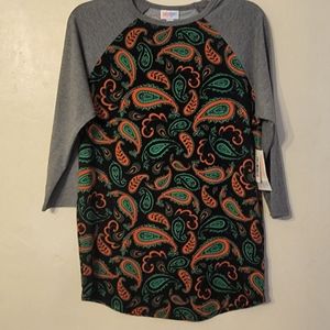 Lularoe Randy Women's Small Black Orange Green Paisley Grey Raglan Sleeve NWT